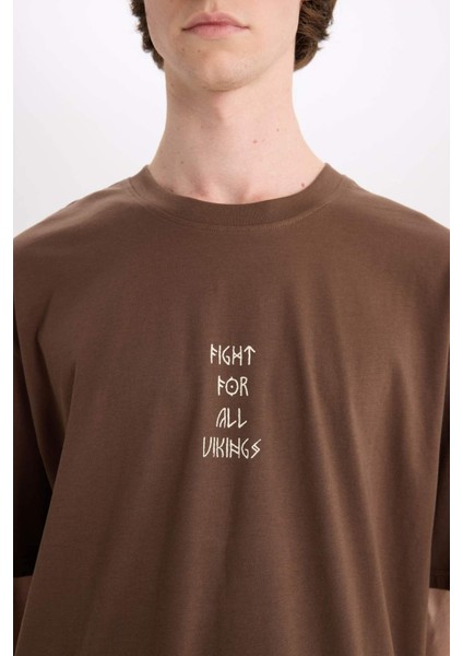 %100 Pamuk Vikings Valhalla Boxy Fit Bisiklet Yaka Sırt Baskılı Kısa Kollu Tişört E3279AX25SM