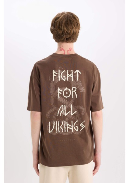 %100 Pamuk Vikings Valhalla Boxy Fit Bisiklet Yaka Sırt Baskılı Kısa Kollu Tişört E3279AX25SM