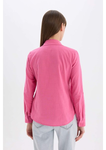 Regular Fit Basic Düz Keten Karışımlı Uzun Kollu Gömlek V2522AZ25SP