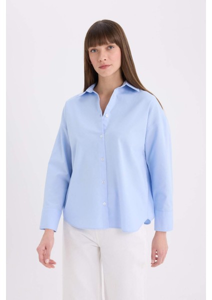 Oversize Geniş Kalıp Basic Düz Oxford Uzun Kollu Gömlek C4597AX25SP