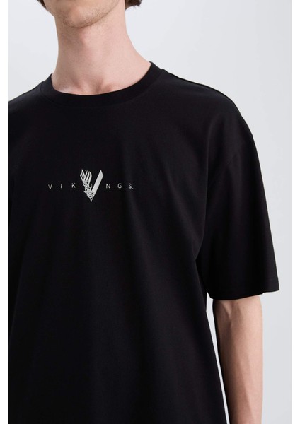 %100 Pamuk Vikings Valhalla Boxy Fit Bisiklet Yaka Sırt Baskılı Kısa Kollu Tişört E3277AX25SM