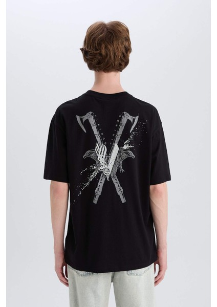 %100 Pamuk Vikings Valhalla Boxy Fit Bisiklet Yaka Sırt Baskılı Kısa Kollu Tişört E3277AX25SM