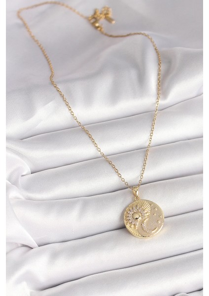 Bfs 316L Çelik Gold Renk Zincir Zirkon Taşlı Ay Güneş Işlemeli Madalyon Model Kadın Kolye fiyatları