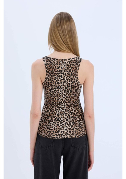 Slim Fit Dar Kesim Leopar Desenli Yuvarlak Yaka Fitilli Kaşkorse Atlet D4548AX25SP