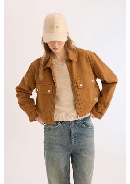 Coool Crop Dik Yaka Fermuarlı Cepli Gabardin Ceket E4029AX25SP
