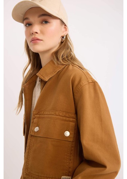 Coool Crop Dik Yaka Fermuarlı Cepli Gabardin Ceket E4029AX25SP
