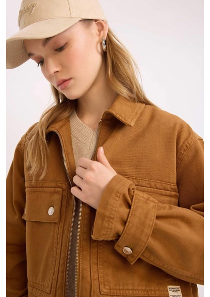 Coool Crop Dik Yaka Fermuarlı Cepli Gabardin Ceket E4029AX25SP