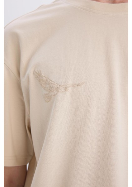 %100 Pamuk Boxy Fit Bisiklet Yaka Sırt Baskılı Kısa Kollu Tişört E3958AX25SM