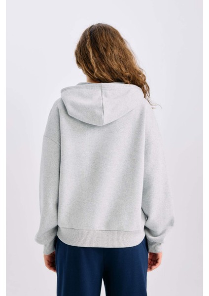 Oversize Geniş Kalıp Kapüşonlu Baskılı Kalın Sweatshirt E3658AXNS