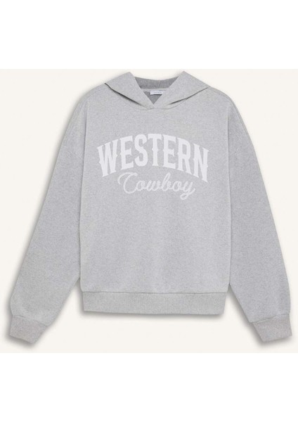 Oversize Geniş Kalıp Kapüşonlu Baskılı Kalın Sweatshirt E3658AXNS