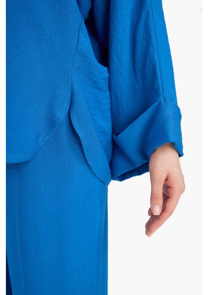 Relax Fit Basic Düz Keten Karışımlı Uzun Kollu Tesettür Gömlek Tunik D9702AX25SM