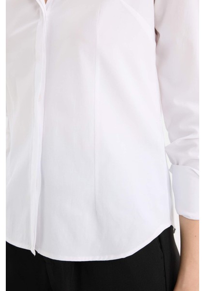 Fitted Bengalin Uzun Kollu Basic Düz Beyaz Gömlek Y4651AZ25SM