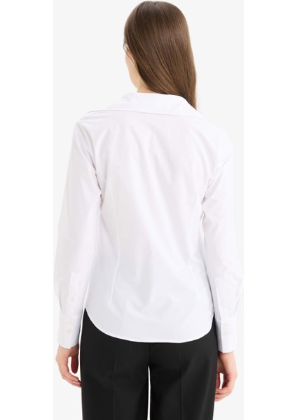 Fitted Bengalin Uzun Kollu Basic Düz Beyaz Gömlek Y4651AZ25SM