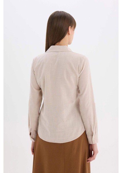 Regular Fit Basic Düz Keten Karışımlı Uzun Kollu Gömlek V2522AZ25SP