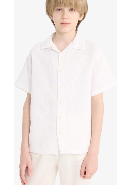 Erkek Çocuk Oversize Geniş Kalıp Polo Yaka Müslin Kısa Kollu Gömlek
