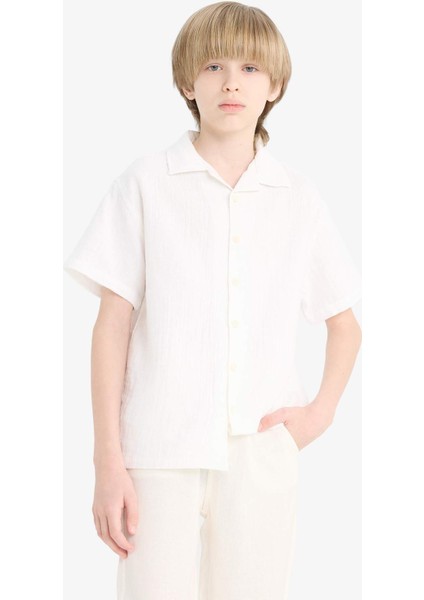 Erkek Çocuk Oversize Geniş Kalıp Polo Yaka Müslin Kısa Kollu Gömlek