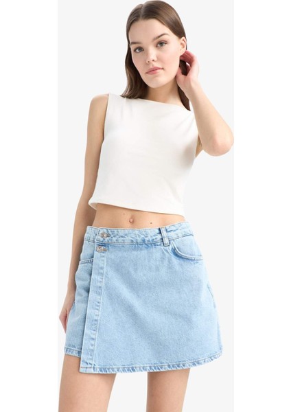 Yüksek Bel Cepli Mini Jean Şort Etek E4697AX25SM