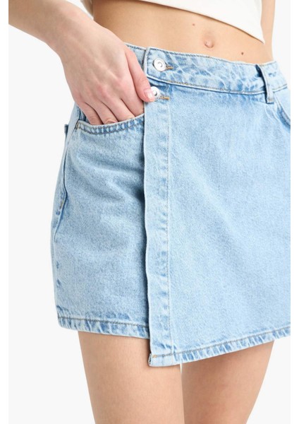 Yüksek Bel Cepli Mini Jean Şort Etek E4697AX25SM