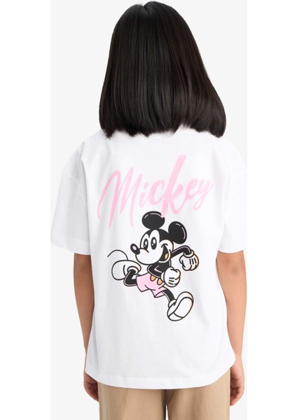 Kız Çocuk Disney Mickey & Minnie Oversize Geniş Kalıp Bisiklet Yaka Sırt Baskılı Kısa Kollu Tişört E2618A825SM