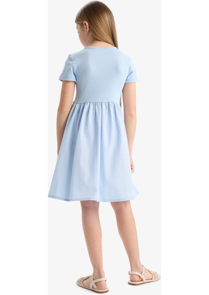 Kız Çocuk Bisiklet Yaka Fitilli Kaşkorse Kısa Kollu Yazlık Elbise E3839A825SM