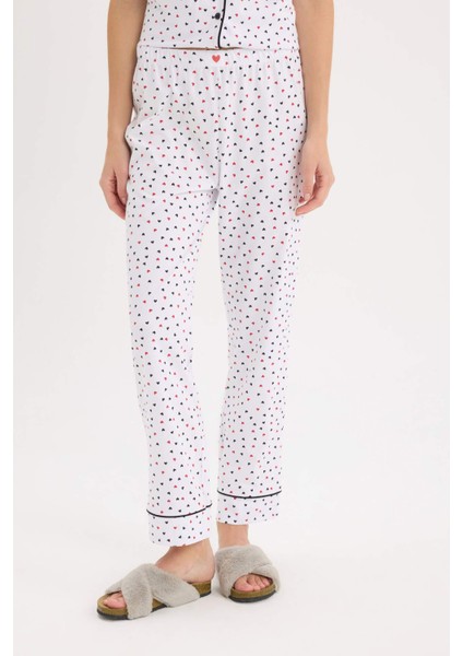 Pijama Takımı Kısa Kollu Düğmeli Üst Beli Lastikli Uzun Alt-Fall in Love D8455AX25SP