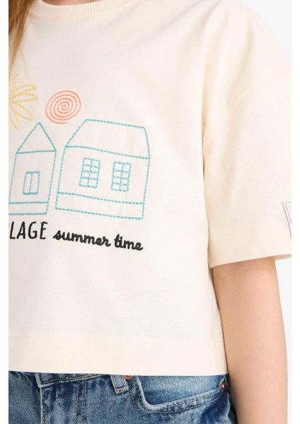 Kız Çocuk Boxy Fit Bisiklet Yaka Baskılı Kısa Kollu Tişört