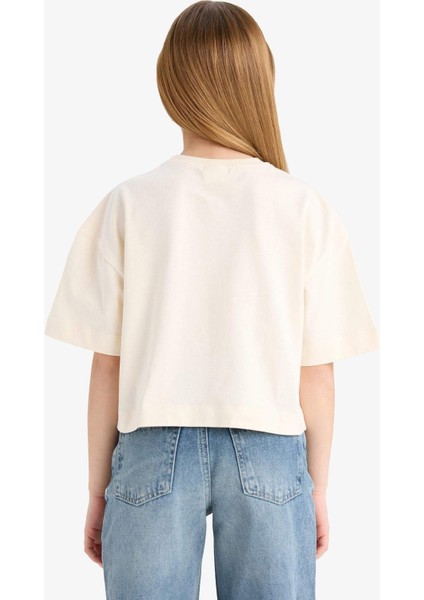 Kız Çocuk Boxy Fit Bisiklet Yaka Baskılı Kısa Kollu Tişört