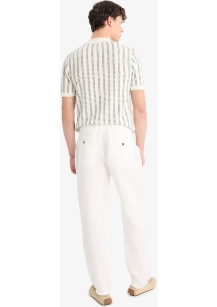 %100 Keten Relax Fit Rahat Kesim Düz Paça Yazlık Beyaz Pantolon C1117AX25SP