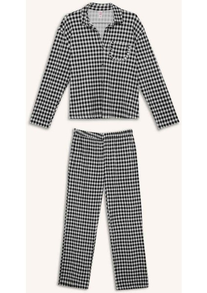 Pijama Takımı Kareli Uzun Kollu Üst Beli Lastikli Uzun Alt-Fall in Love E3464AX25SP