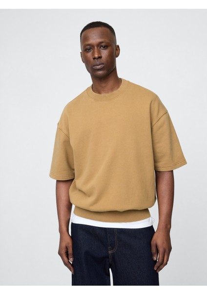 Erkek Açık Kahverengi Heavyweight Bisiklet Yaka Sweatshirt