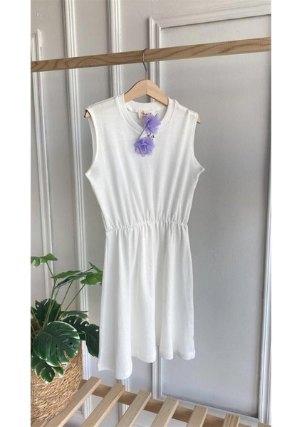 0001 - Kız Çocuk Krem Elbise Lila Toka Takım