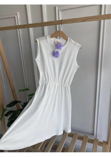 0001 - Kız Çocuk Krem Elbise Lila Toka Takım