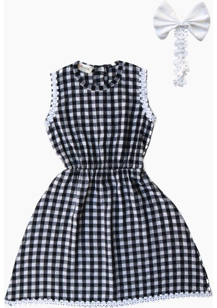 0019 - Kız Çocuk Siyah Beyaz Kareli Elbise Toka Takım fiyatları