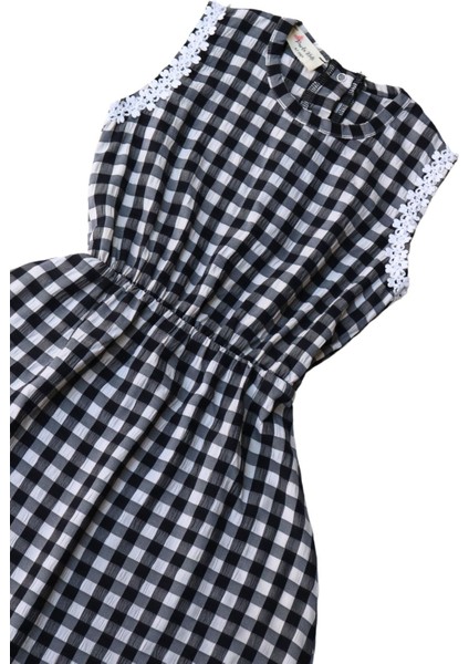 0019 - Kız Çocuk Siyah Beyaz Kareli Elbise Toka Takım modelleri