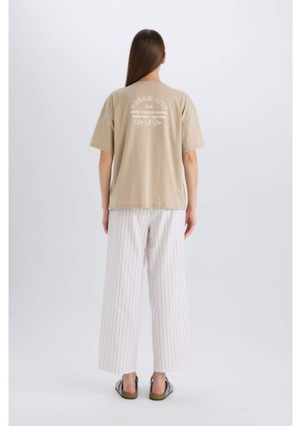 Pijama Takımı Regular Fit Bisiklet Yaka Baskılı Kısa Kollu Üst Çizgili Uzun Alt-Fall in Love E3483AX25SP