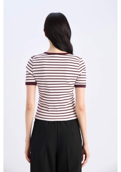 Slim Fit Dar Kesim Bisiklet Yaka Çizgili Fitilli Kaşkorse Kısa Kollu Tişört C2566AX25SP