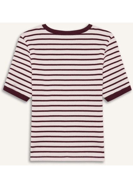 Slim Fit Dar Kesim Bisiklet Yaka Çizgili Fitilli Kaşkorse Kısa Kollu Tişört C2566AX25SP