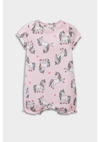 Kız Bebek Yenidoğan Unicorn Baskılı Penye 2'li Kısa Kollu Tulum E4025A525HS