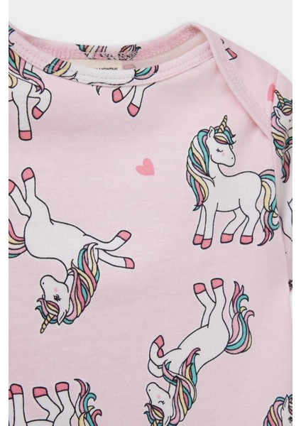 Kız Bebek Yenidoğan Unicorn Baskılı Penye 2'li Kısa Kollu Tulum E4025A525HS