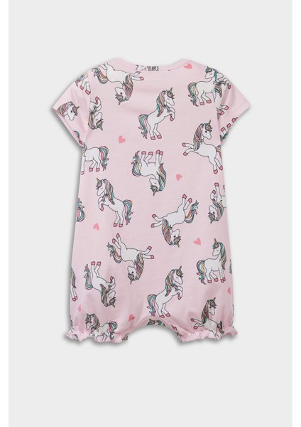 Kız Bebek Yenidoğan Unicorn Baskılı Penye 2'li Kısa Kollu Tulum E4025A525HS