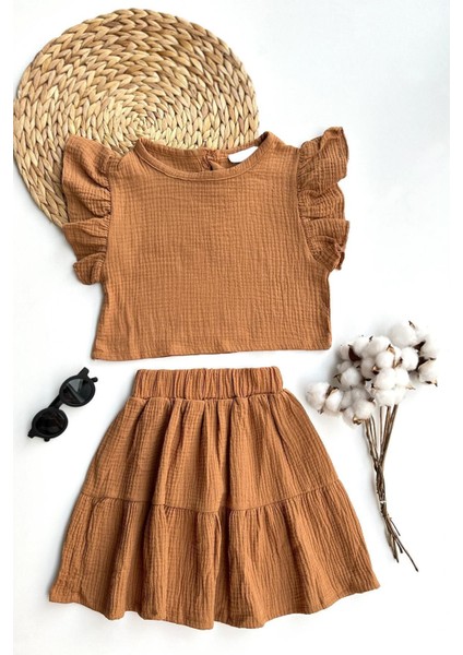 Kız Çocuk Müslin Kahverengi Etek Bluz Takım modelleri