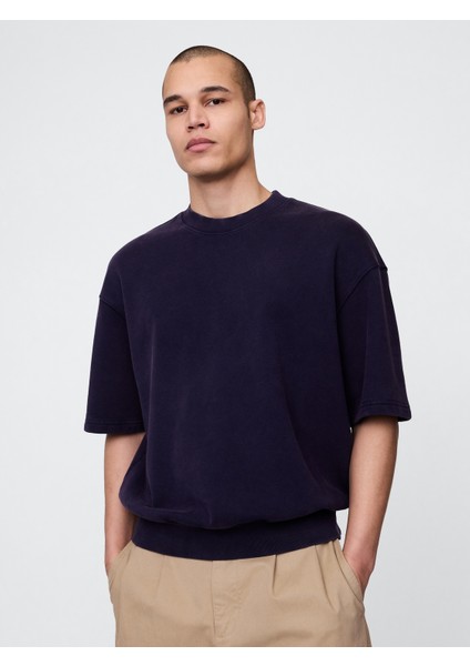 Erkek Lacivert Heavyweight Bisiklet Yaka Sweatshirt