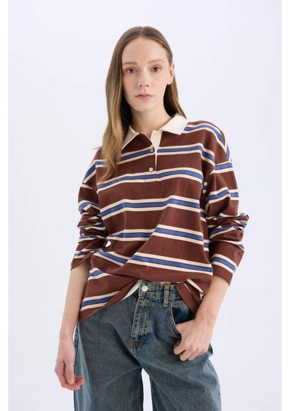 Coool Loose Fit Polo Yaka Çizgili Uzun Kollu Tişört E4915AX25SP