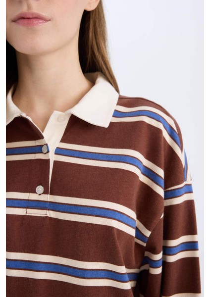 Coool Loose Fit Polo Yaka Çizgili Uzun Kollu Tişört E4915AX25SP