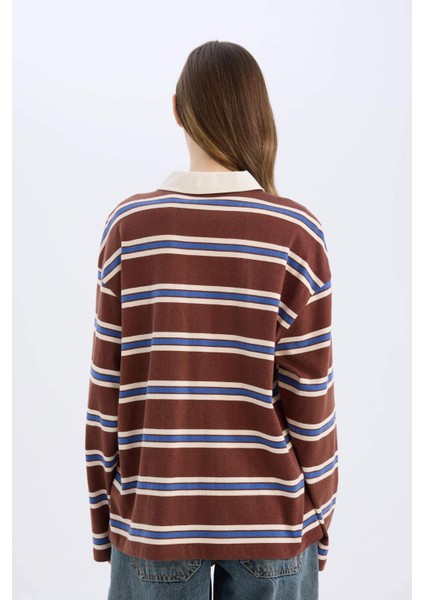 Coool Loose Fit Polo Yaka Çizgili Uzun Kollu Tişört E4915AX25SP