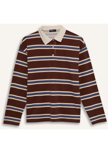 Coool Loose Fit Polo Yaka Çizgili Uzun Kollu Tişört E4915AX25SP