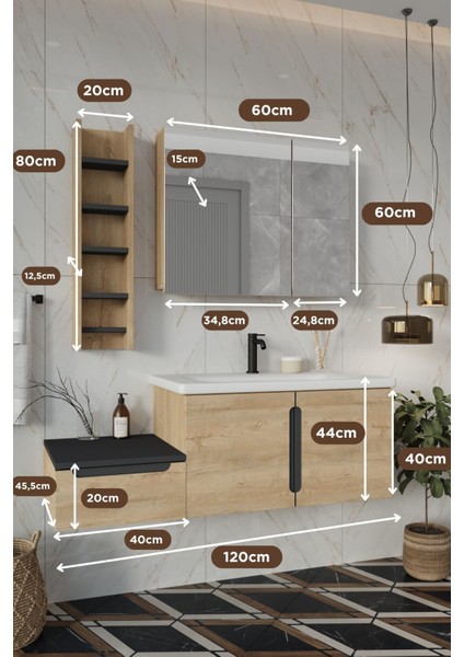Banyo Zakkum 120 cm Banyo Dolabı+Dolaplı Aynalı Üst Dolap modelleri