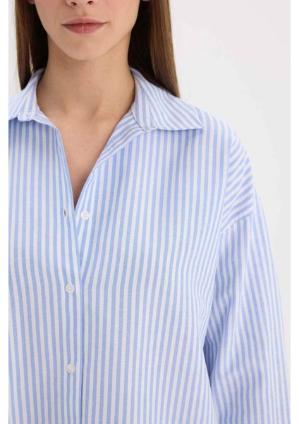 Oversize Geniş Kalıp Çizgili Oxford Uzun Kollu Gömlek D4512AX25SP