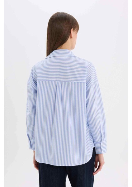 Oversize Geniş Kalıp Çizgili Oxford Uzun Kollu Gömlek D4512AX25SP