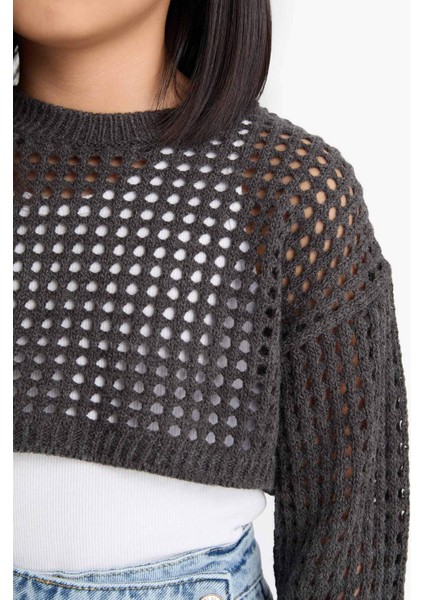 Kız Çocuk Crop Bisiklet Yaka Ajurlu Triko Kazak E4971A825SM